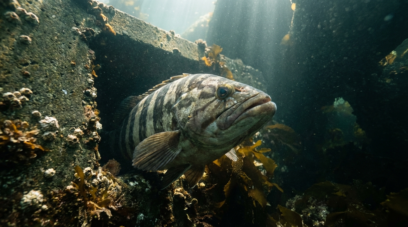 堤防のケーソンの暗がりに潜むクエの姿。その風格ある姿は磯の王者を思わせる。