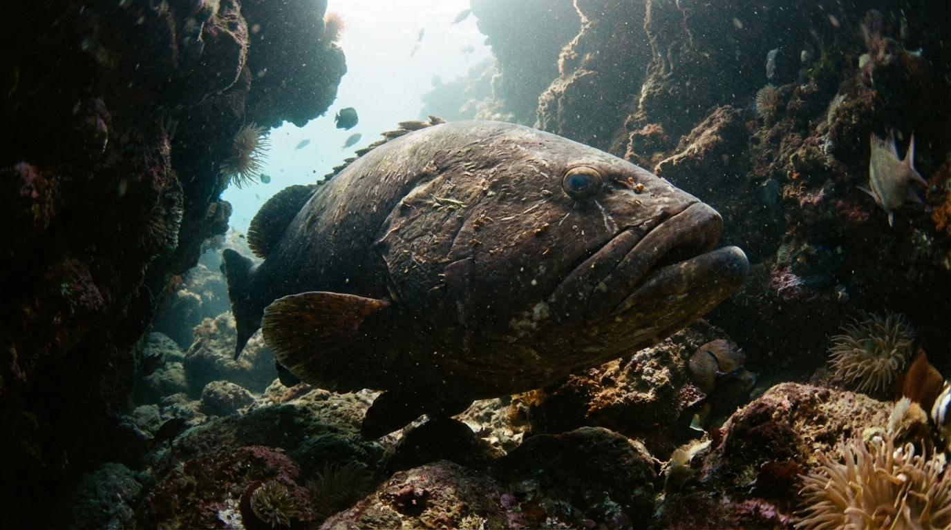 薄暗い海底の岩陰に潜む巨大なクエ。その風格ある姿は磯の王者の名にふさわしい。