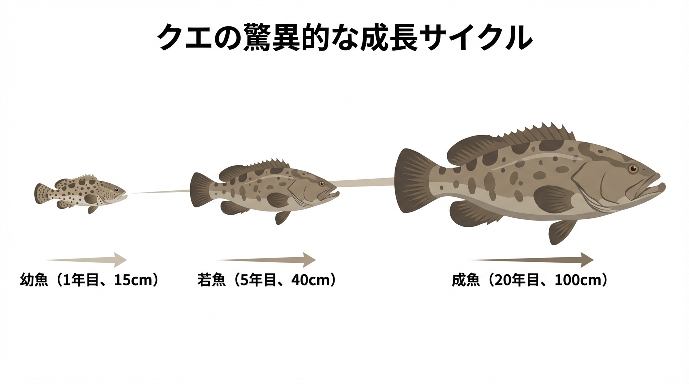 クエの成長速度を図解したインフォグラフィック。1年で15cm、5年で40cm、20年で100cmと、巨大化に長い年月がかかることを示している。