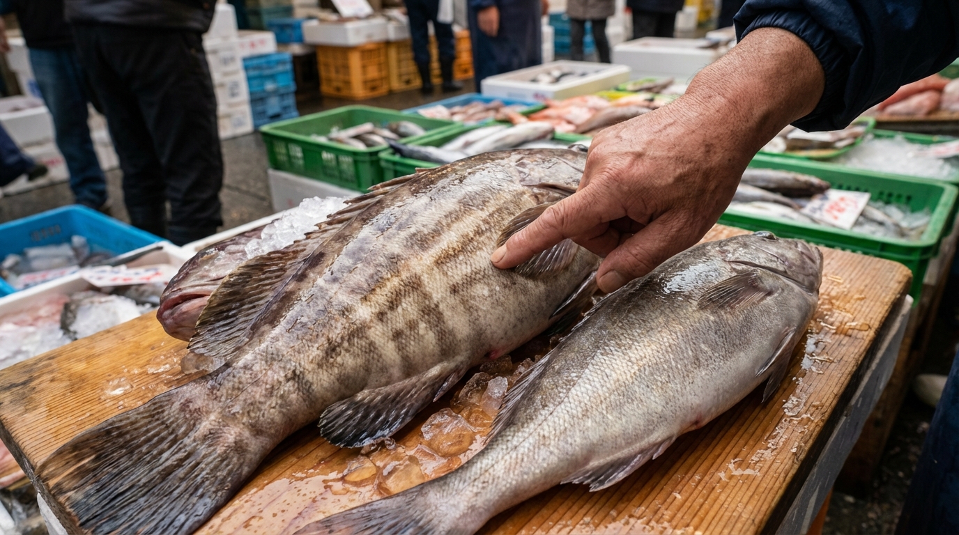 クエとアラを並べて比較している写真。クエには特徴的な横縞模様があり、アラには縞がなく体形がスマートであることが一目でわかる。