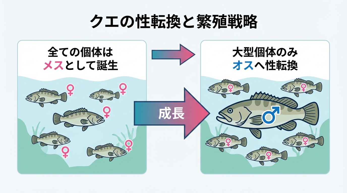 クエの性転換の仕組みを図解。全ての個体がメスとして生まれ、成長した大型個体だけがオスに転換する雌性先熟の生態を示している。