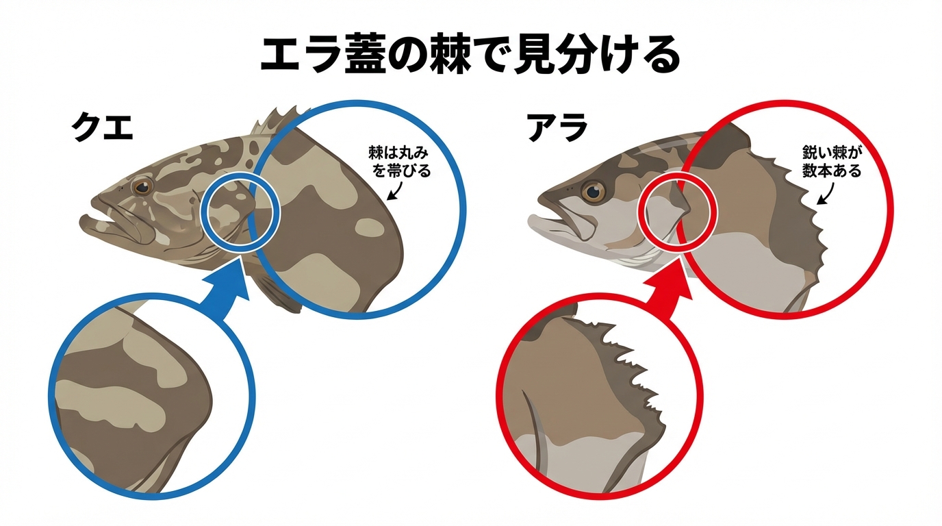 クエとアラのエラ蓋の棘の違いを解説する図解。アラには鋭い棘があるのに対し、クエの棘は丸みを帯びている特徴がイラストで示されている。