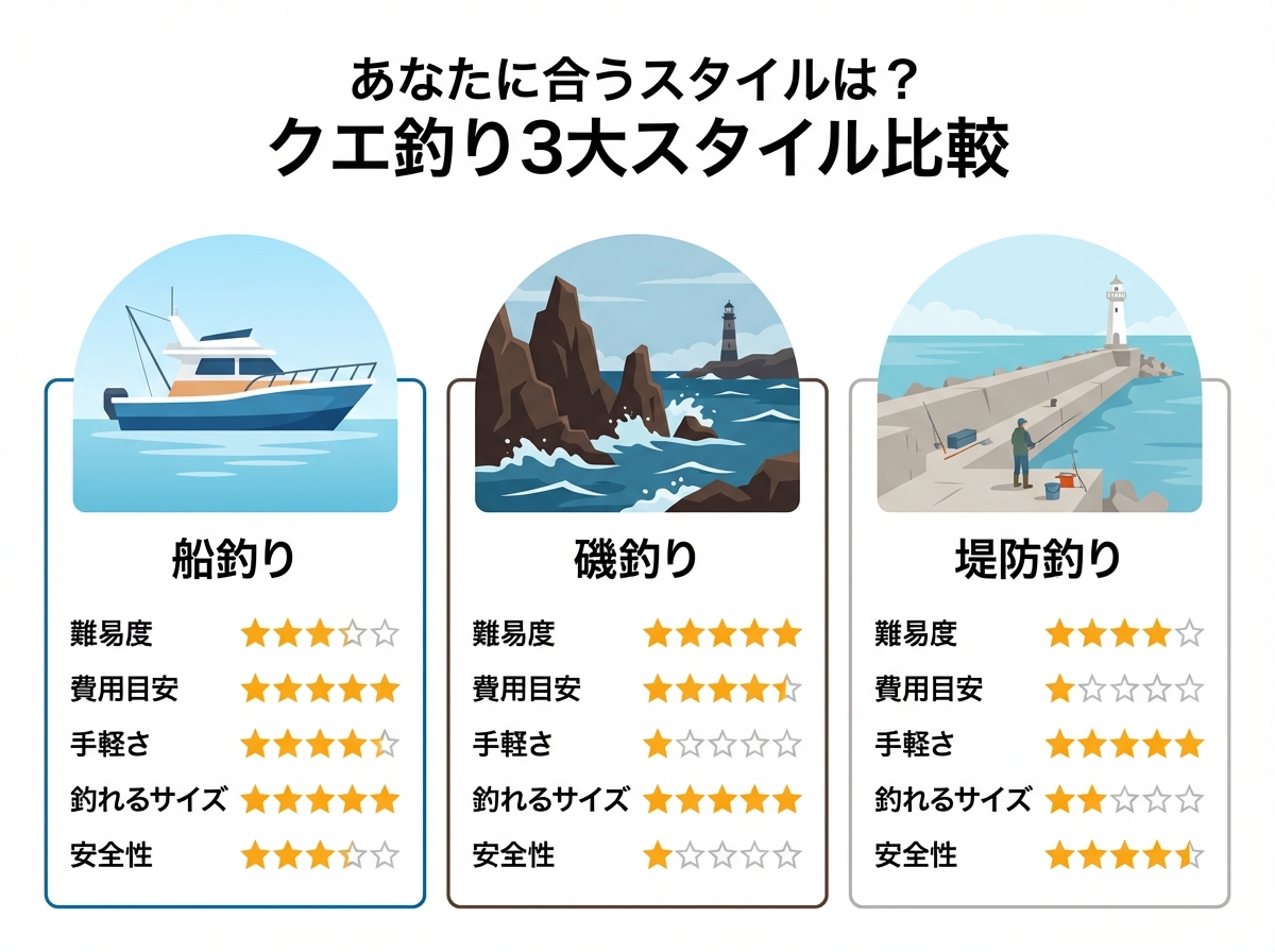 クエ釣りの船・磯・堤防の3スタイルを、難易度・費用・手軽さ・サイズ・安全性の5項目で比較したインフォグラフィック表。