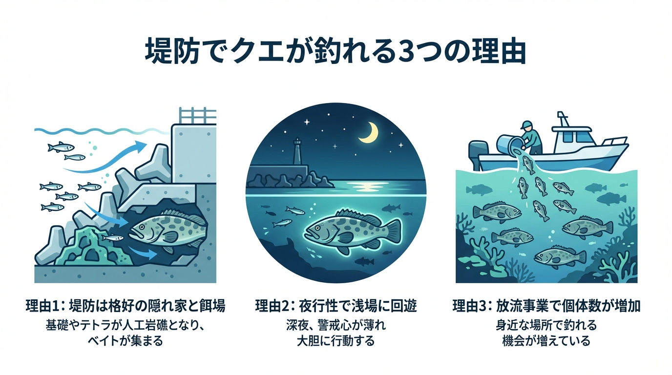 堤防でクエが釣れる3つの理由を解説する図解。隠れ家と餌場になること、夜行性であること、放流事業で個体数が増えていることが示されている。