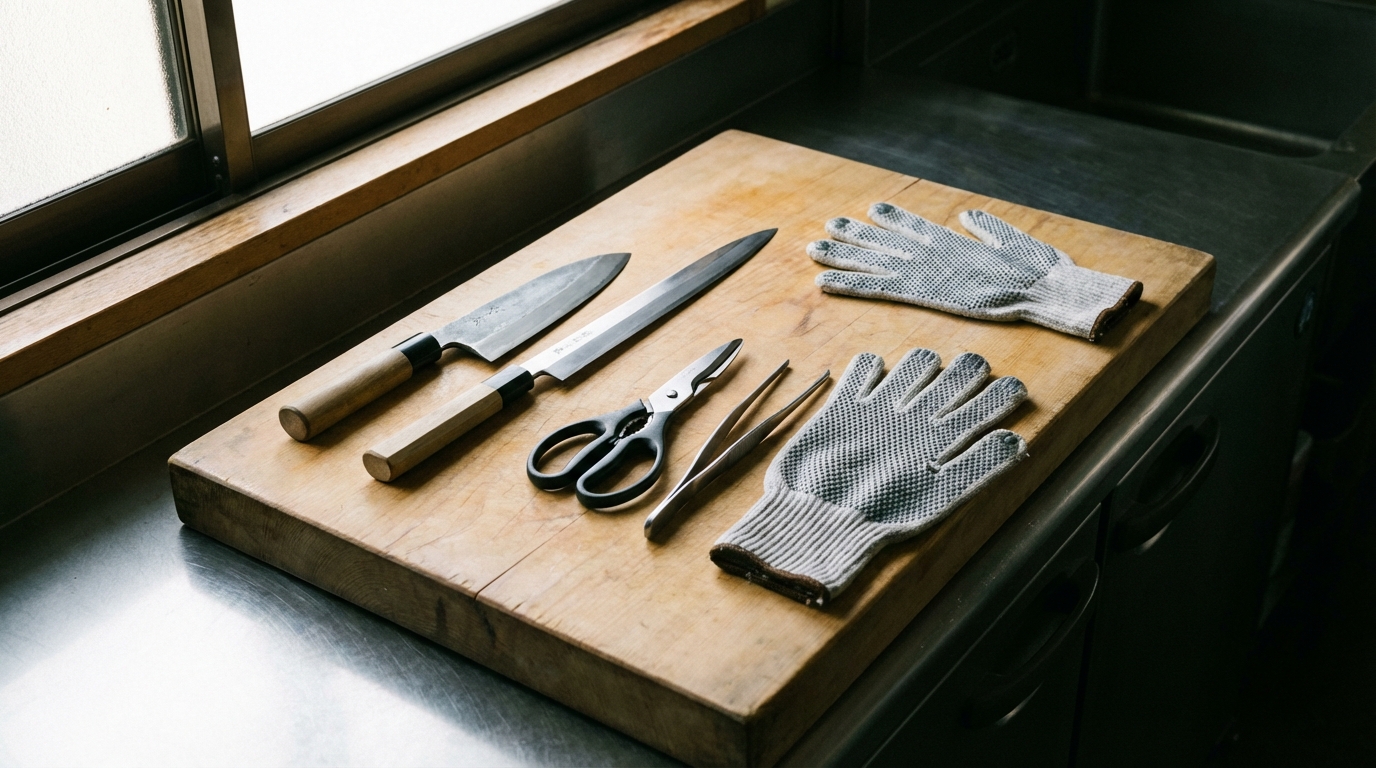 クエを捌くために準備された出刃包丁やまな板などの専門的な道具一式。