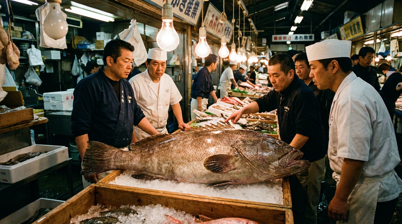 魚市場に並べられた巨大な天然クエ。その迫力ある姿から高級魚としての風格が伝わってくる。