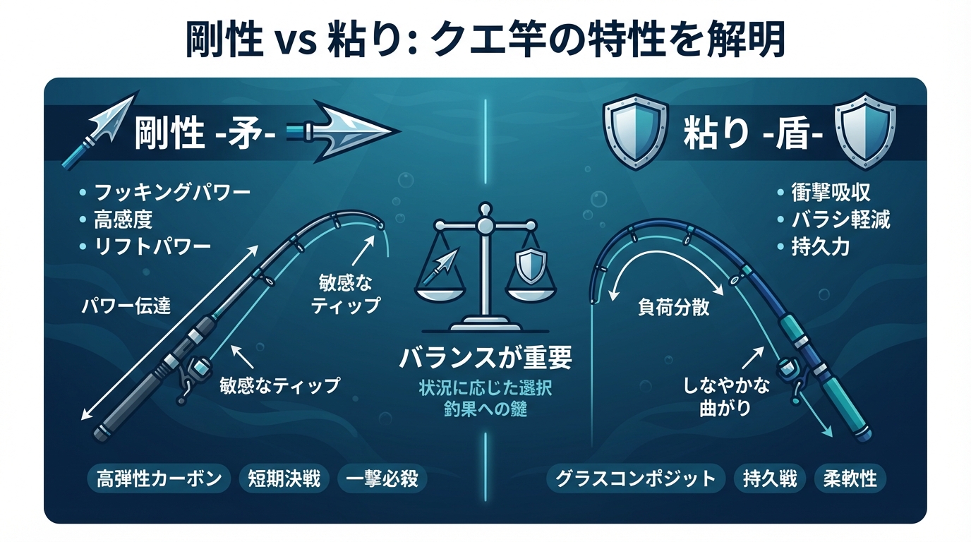 クエ竿の性能を決定づける「剛性」と「粘り」の特性を比較した図解。剛性は矛、粘りは盾として表現され、それぞれのメリットと竿の曲がり方の違いが分かりやすく示されている。