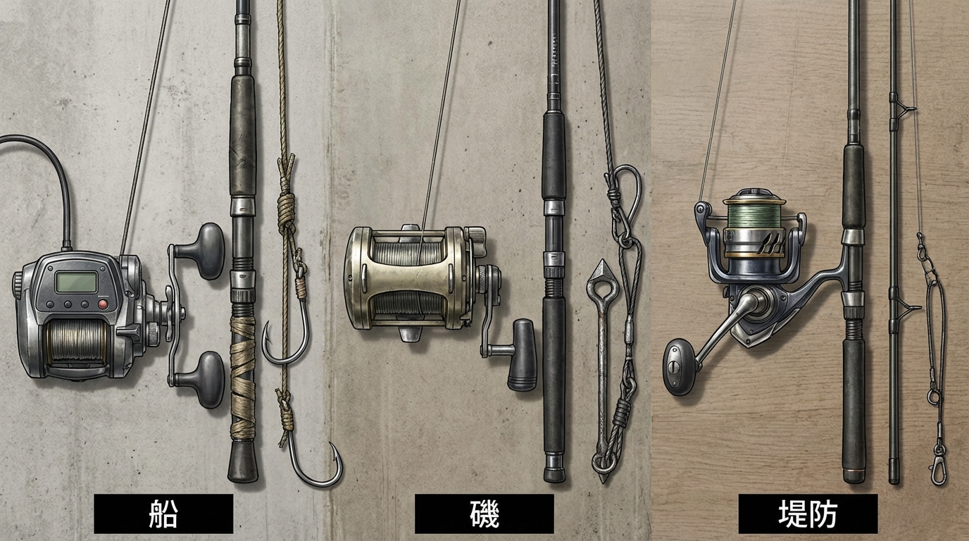 船、磯、堤防それぞれのクエ釣りに使われる竿とリールのタックル一式を並べたイラスト。