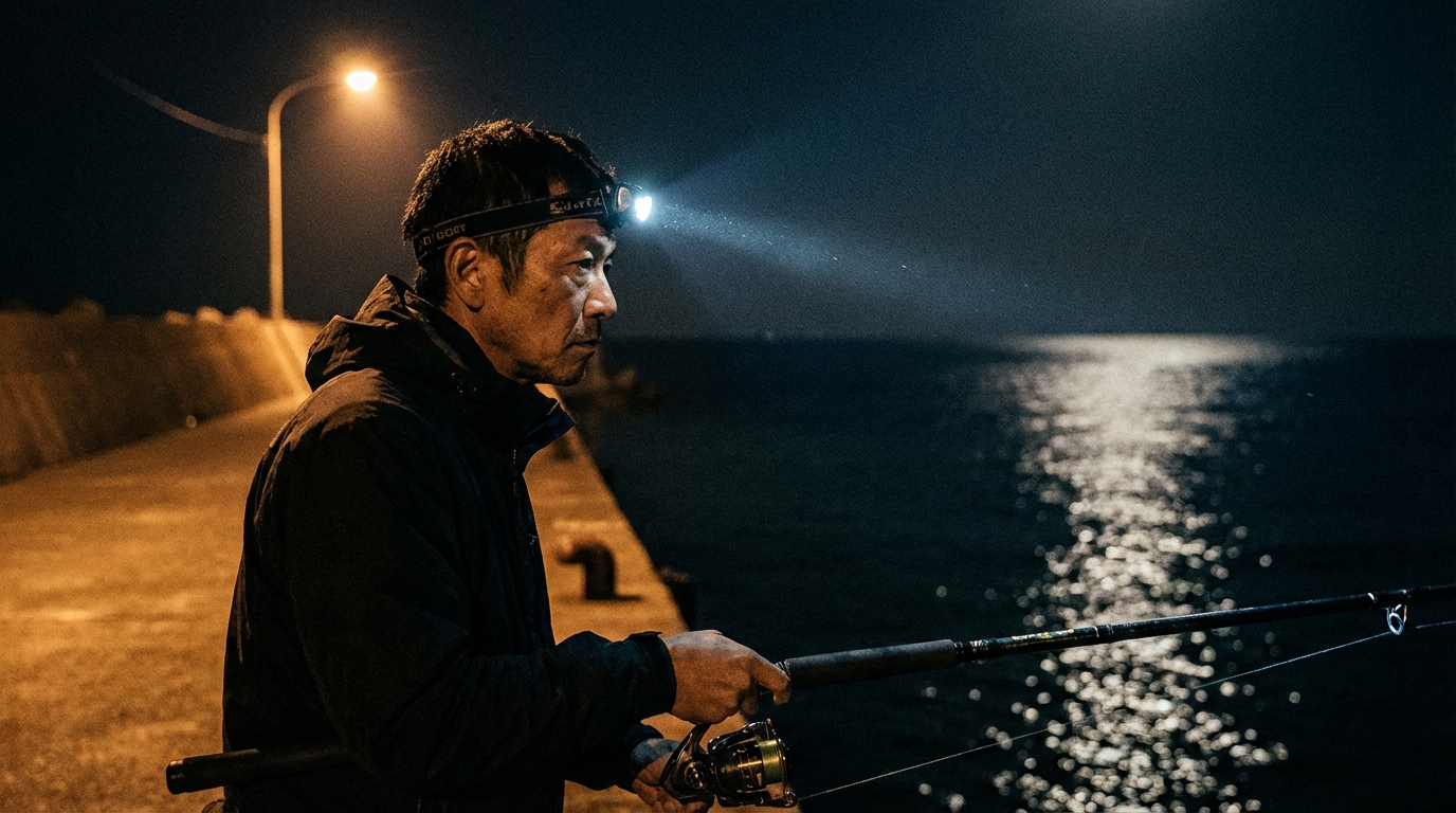 夜の堤防でヘッドライトをつけた釣り人が真剣な表情で海を見つめている。常夜灯が海面に明暗のコントラストを生み出している。