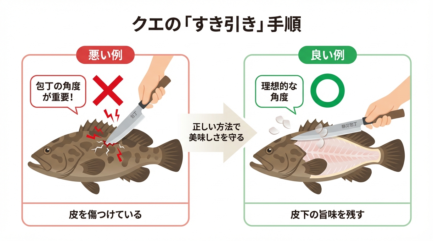 クエのウロコをすき引きする際の正しい包丁の角度と悪い例を比較した図解。