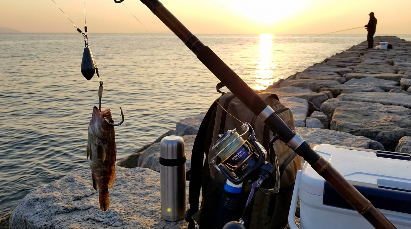 夕暮れの堤防に置かれたクエ狙いのライトタックル。石鯛竿と大型スピニングリールがセットされ、これからの釣りを期待させる。
