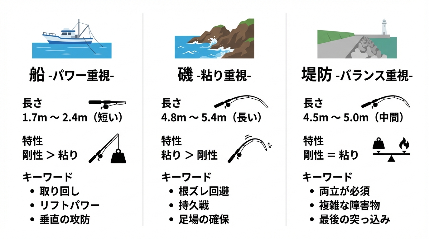 船・磯・堤防という3つの釣り場別に、最適なクエ竿の長さと求められる性能（剛性と粘りのバランス）を比較した図解。各フィールドの特徴と竿選びのポイントがまとめられている。