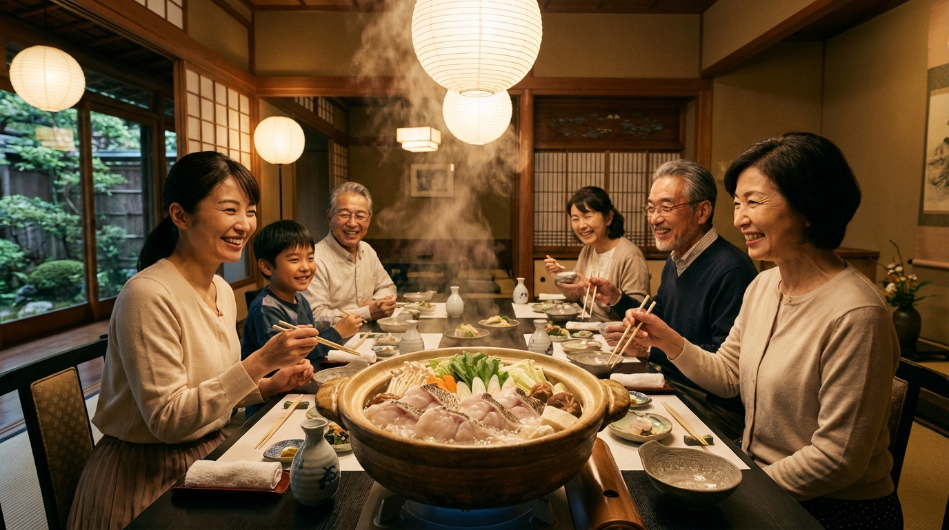 湯気が立つ美味しそうなクエ鍋を囲む家族。クエが特別な日の食事であることを象徴している。