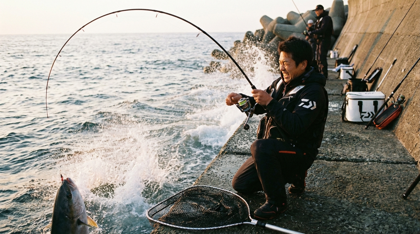 ライトタックルで大物のクエとファイトする釣り人。竿を低い角度に保ち、リールを巻き続けている真剣な様子。