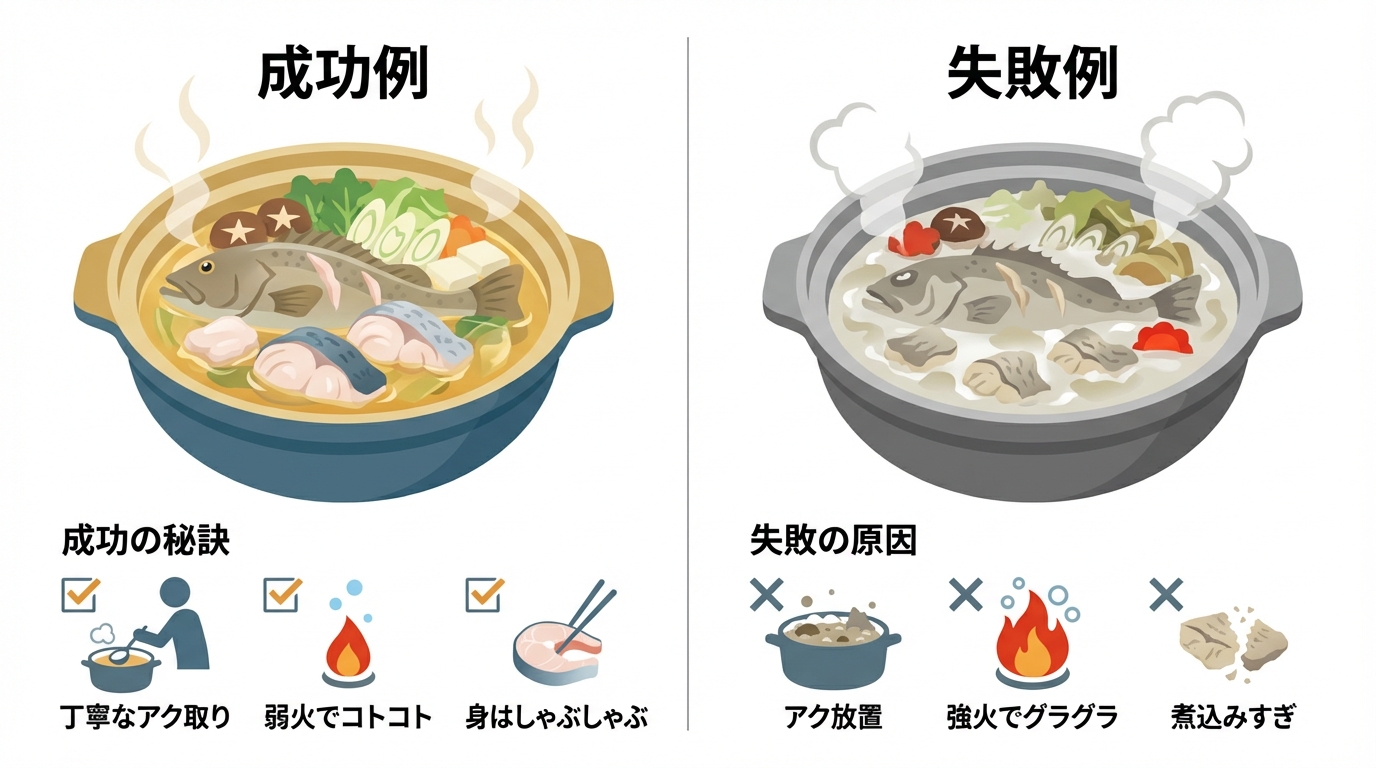 クエ鍋の成功例と失敗例を比較し、出汁の濁りや身の硬さの原因を解説する図解。