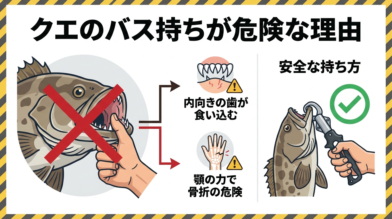 クエのバス持ちがなぜ危険なのかを説明する図解。親指が内向きの歯に食い込むリスクと、顎の力で骨折する危険性を示し、安全なフィッシュグリップの使用を推奨している。