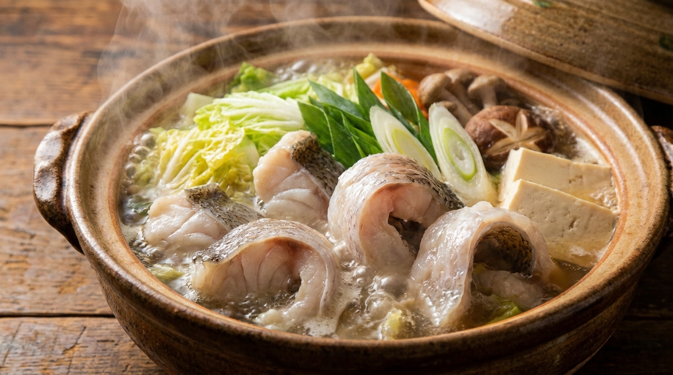 湯気が立ち上る土鍋で煮込まれているクエ鍋。分厚い白身と野菜が美味しそうに見える。
