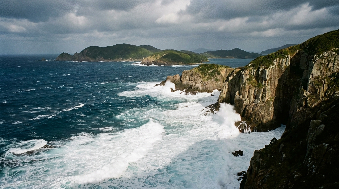 長崎県五島列島の複雑な海岸線と荒々しい波が打ち寄せる海の風景。クエが育つ厳しい自然環境を象徴している。
