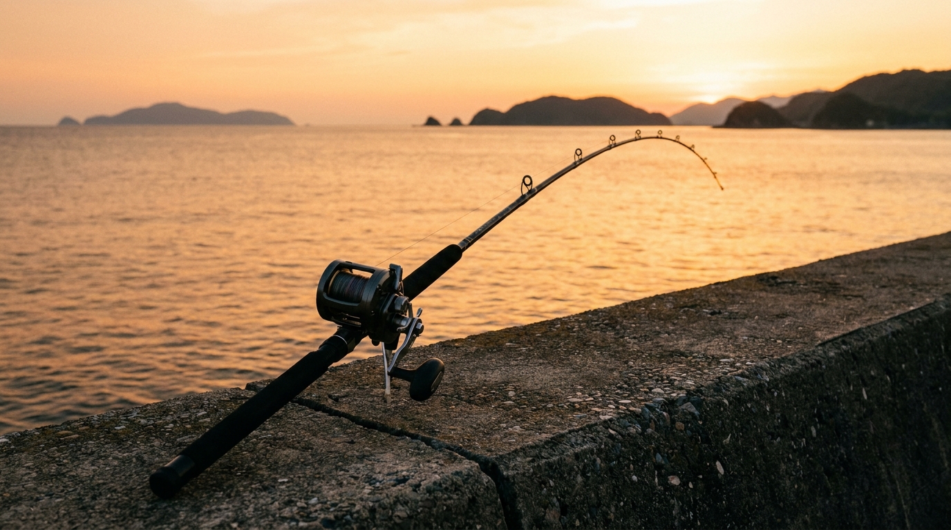 夕暮れの堤防に置かれた一本の釣り竿。静かな海を背景に大物を待っている。