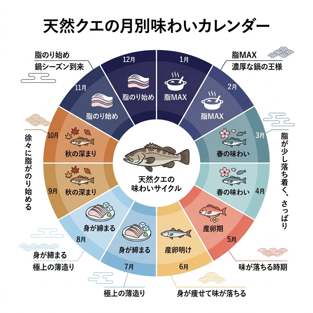天然クエの味わいを1月から12月まで月別に解説したインフォグラフィック。冬は脂が乗り、夏は身が締まるなど、季節ごとの特徴とおすすめの食べ方が一目でわかる。