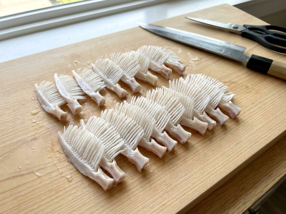 下処理を終え、可食部だけになったクエのエラ。赤い部分が取り除かれ、白い軟骨部分がまな板の上に置かれている。