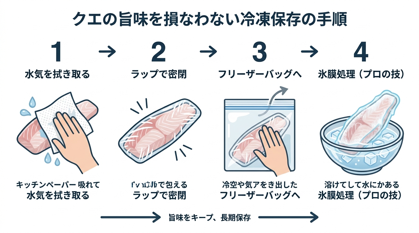 クエを家庭で冷凍保存する4つのステップ。水気を拭き取る、ラップで密閉、フリーザーバッグに入れる、氷膜処理の手順が図解されている。