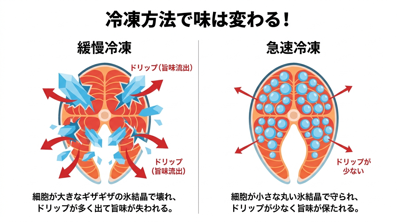 魚の冷凍方法の違いを示す図解。緩慢冷凍では細胞が壊れてドリップが多く出るが、急速冷凍では細胞が守られドリップが少ないことを比較している。