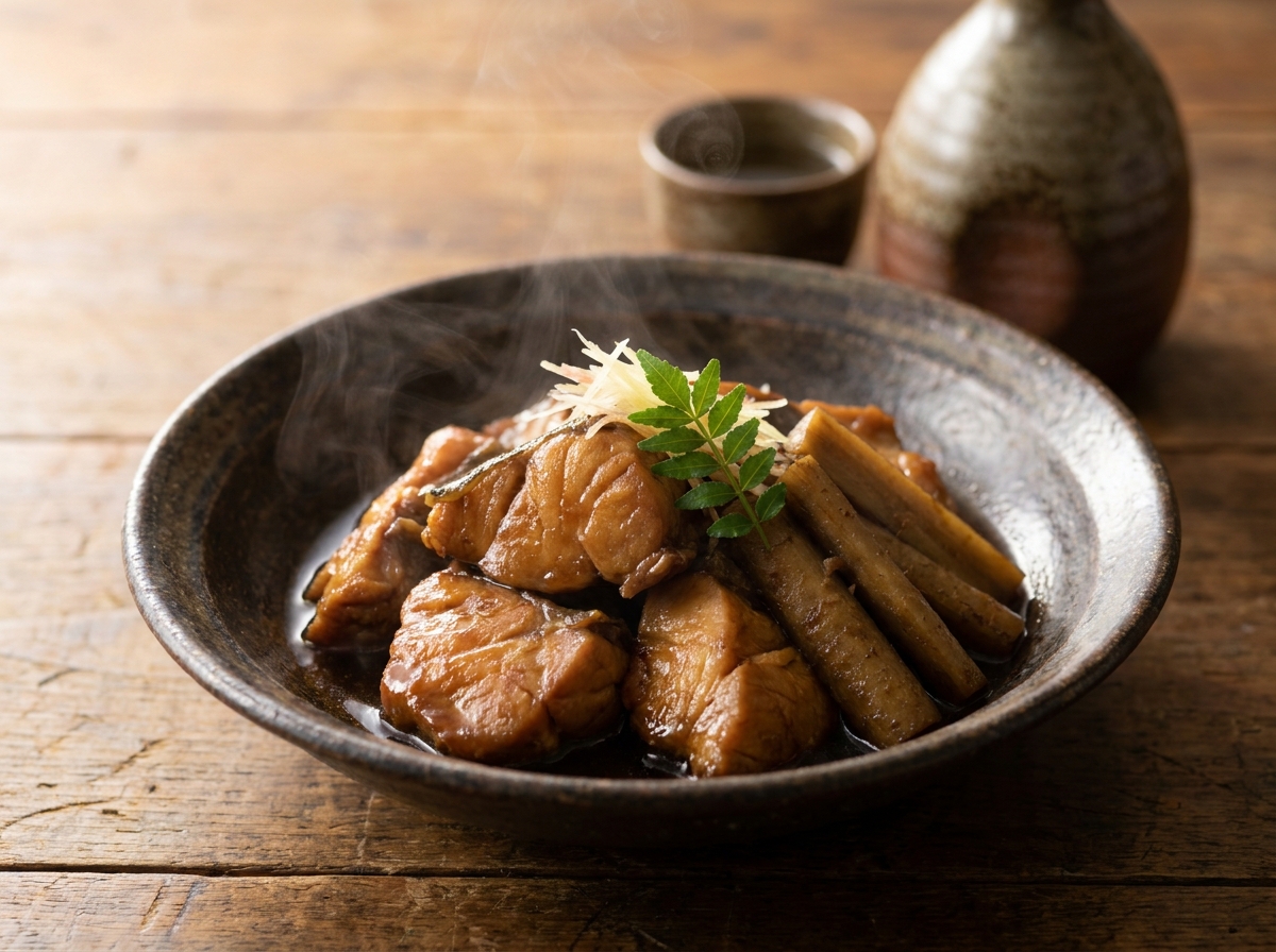 湯気が立つ、照りよく煮付けられたクエのあら炊き。針生姜と木の芽が添えられ、和食器に美しく盛り付けられている。