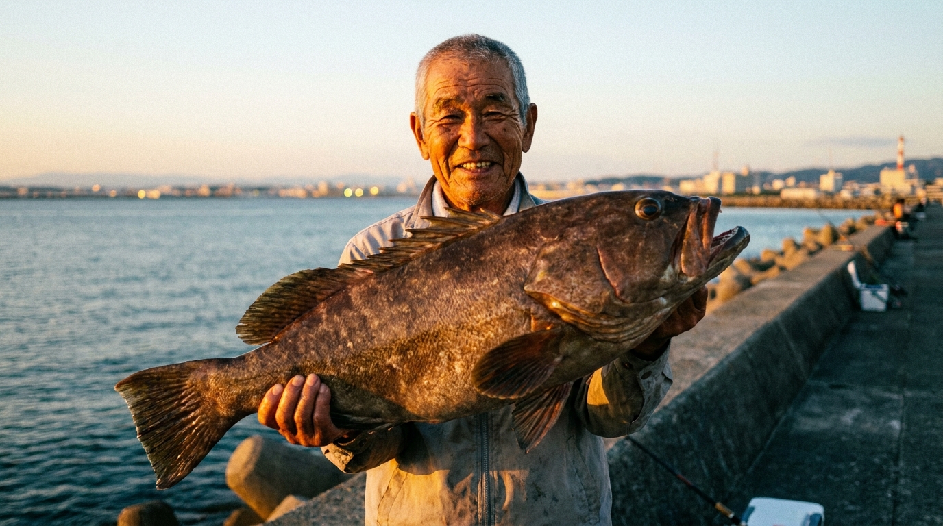 夕暮れの堤防で、釣り上げた巨大なクエを抱える釣り師。その表情からは、長年の経験と達成感がうかがえる。