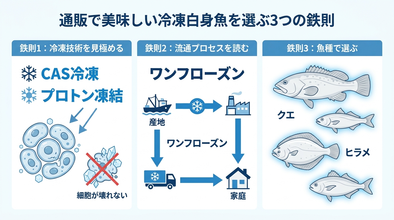 通販で冷凍白身魚を選ぶ際の3つの鉄則を図解。冷凍技術、ワンフローズンという流通プロセス、そしてクエなど冷凍耐性の高い魚種を選ぶことの重要性を示している。
