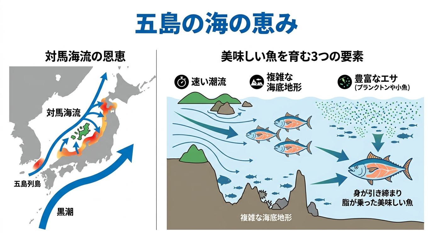 長崎五島列島の魚が美味しい理由を図解。対馬海流がぶつかる地理的条件と、速い潮流や豊富なエサが育む魚の品質を解説している。