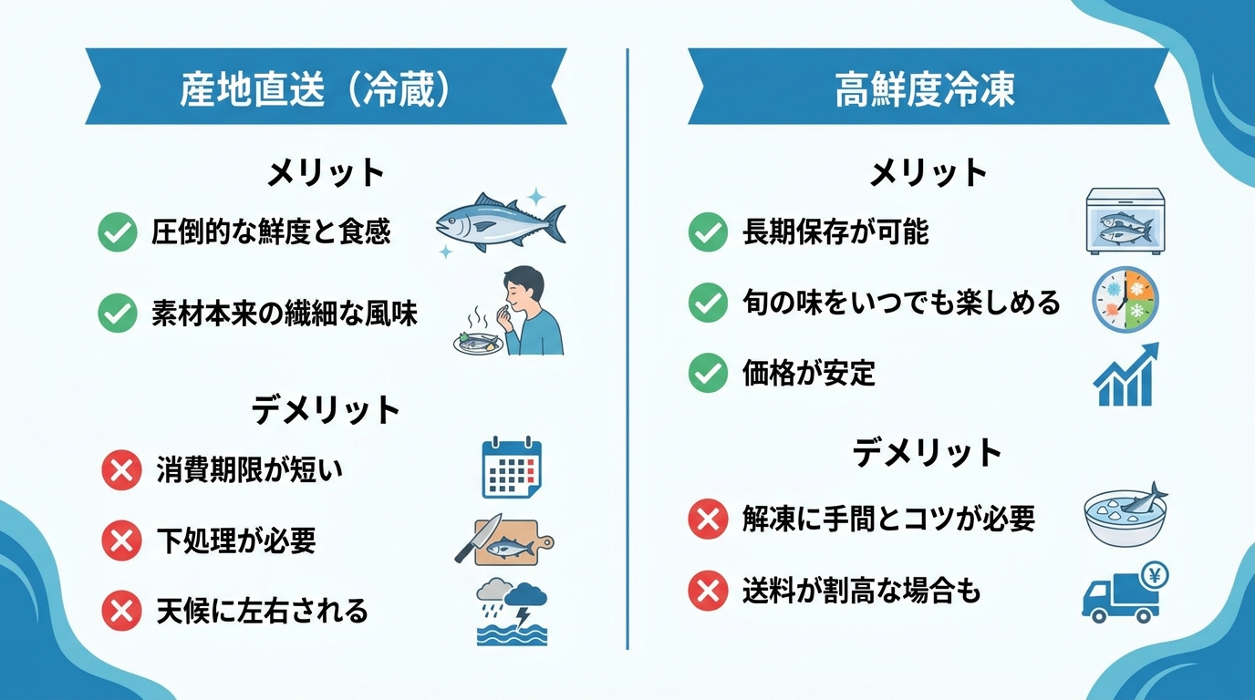九州の魚通販における「産地直送(冷蔵)」と「高鮮度冷凍」のメリット・デメリットを比較した図解。鮮度や保存期間、手間などの違いをアイコン付きで分かりやすく解説。