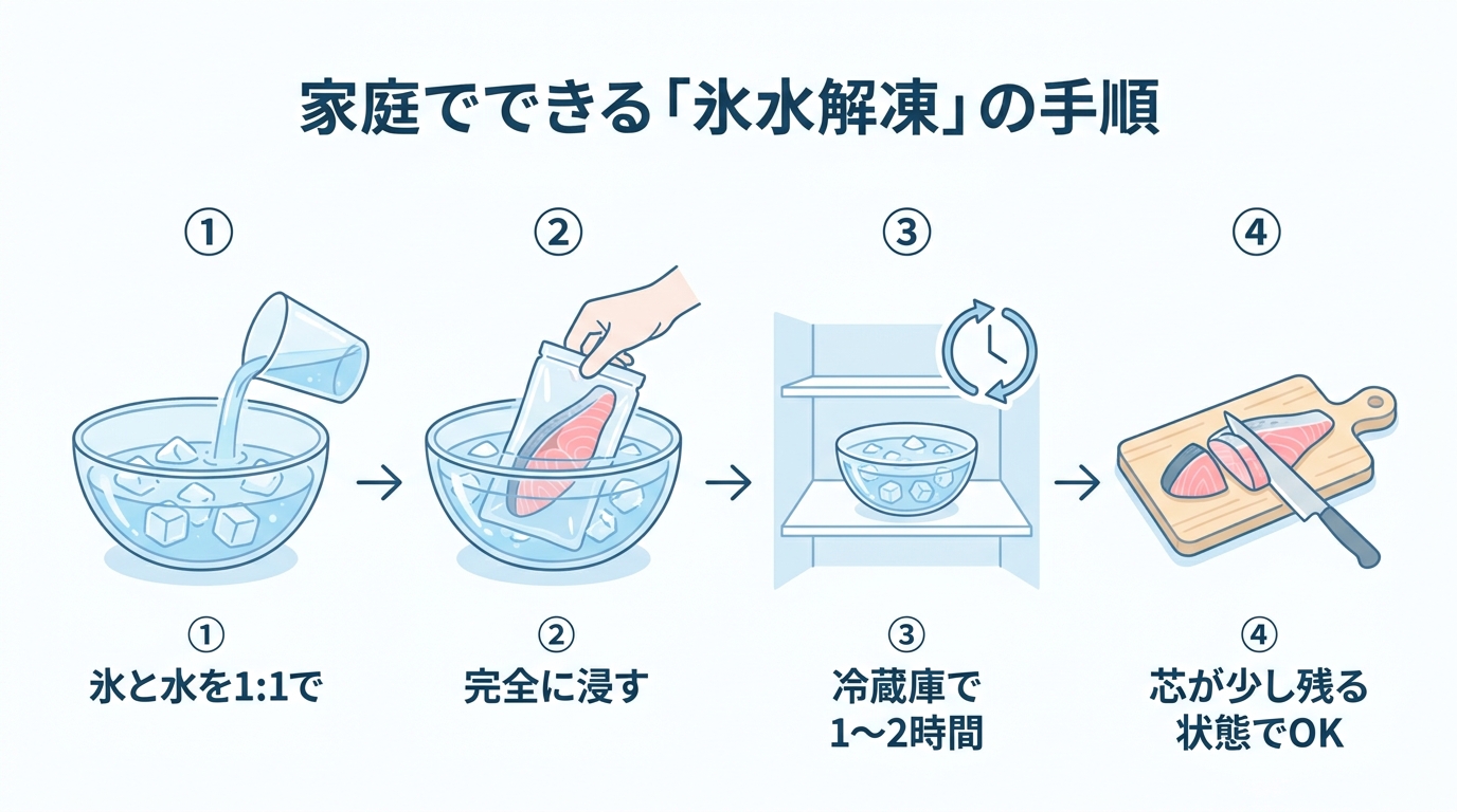 刺身用冷凍魚の最適な解凍方法である「氷水解凍」の4ステップ。ボウルに氷水を作り、魚を浸して冷蔵庫で解凍し、半解凍で切り分ける手順が図で示されている。