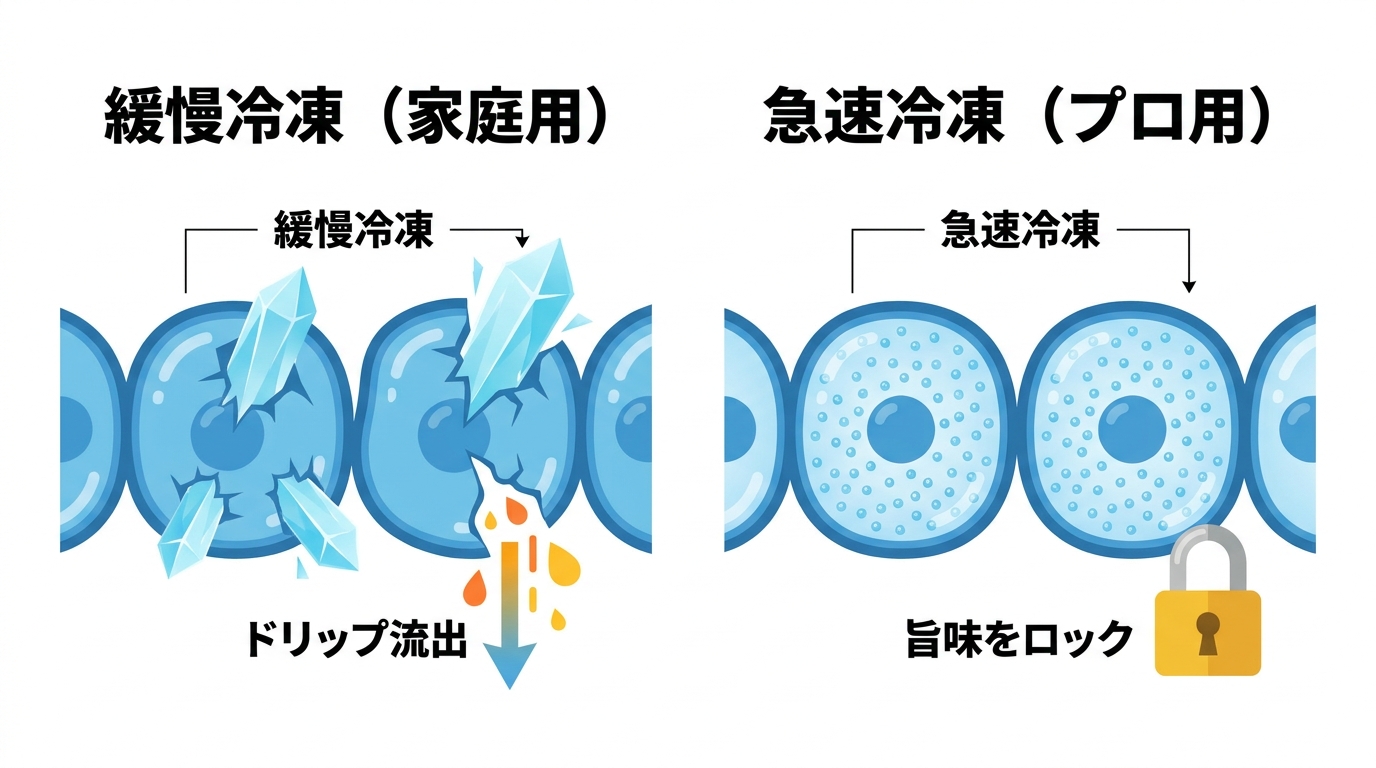 緩慢冷凍と急速冷凍の違いを比較する図解。急速冷凍が魚の細胞を壊さず、旨味を逃さないメカニズムを分かりやすく示している。
