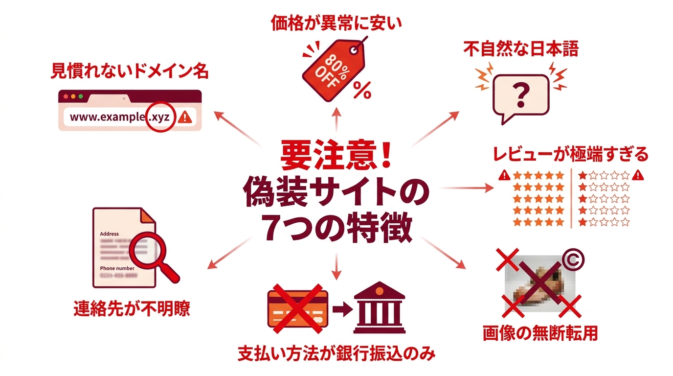 偽装(詐欺)魚通販サイトの7つの見分け方をまとめた図解。異常な安さ、不自然な日本語、支払い方法の限定など、注意すべきポイントをアイコンで解説。