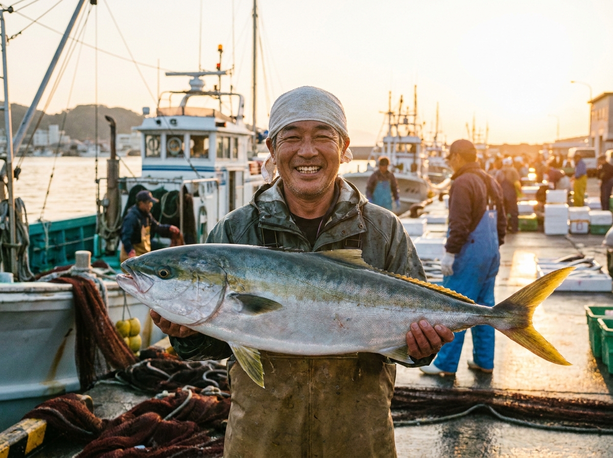 漁港で水揚げされたばかりの魚を誇らしげに持つ漁師。生産者の顔が見えることの信頼性を象徴している。