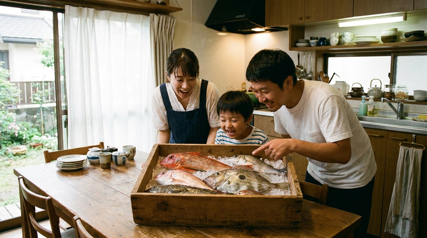 通販で届いた「未利用魚セット」の箱を開けて、珍しい魚たちに驚き喜んでいる家族。食卓での新しい発見と楽しさを象徴する一枚。
