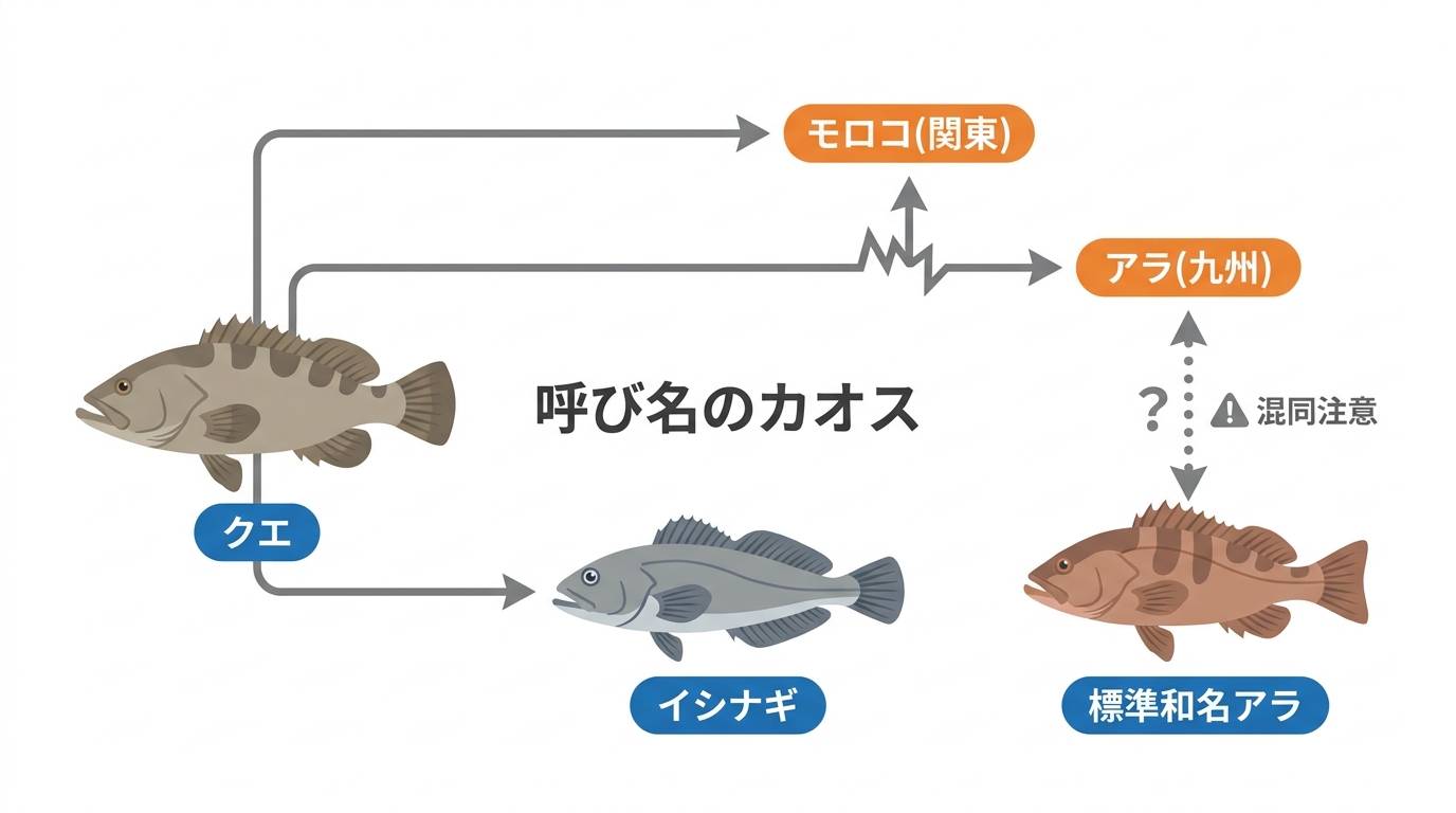 クエ、イシナギ、標準和名アラの呼び名の混乱を解説する図解。各魚の標準和名と、関東の「モロコ」や九州の「アラ」といった地方名がどのように混同されているかを示している。