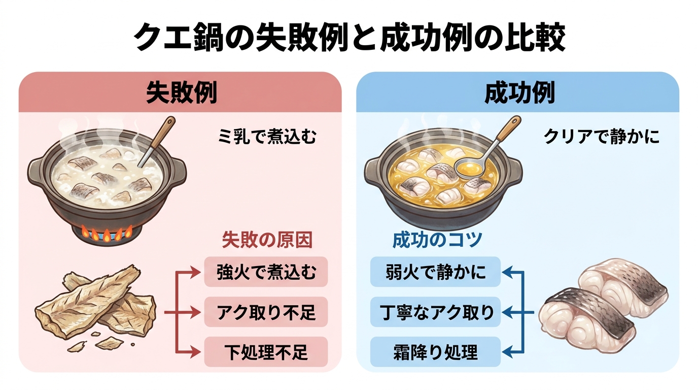 クエ鍋の失敗原因と成功のコツを比較した図解。失敗は強火・アク取り不足、成功は弱火・丁寧な下処理が鍵であることを示している。