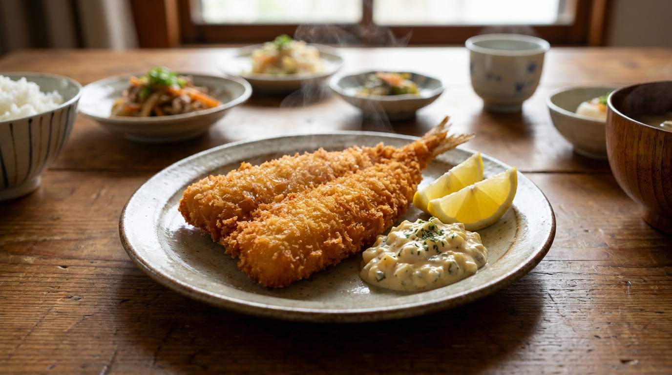 皿に盛られたイシナギのフライ。黄金色の衣が食欲をそそり、レモンとタルタルソースが添えられている。イシナギの身が安全で美味しいことを示す写真。