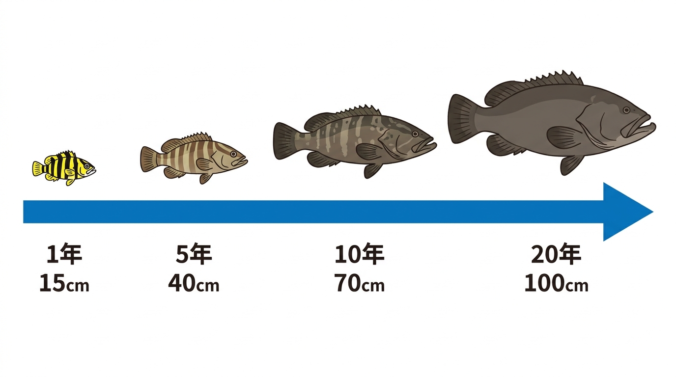 クエの成長速度と大きさの変化を示す図解。1年で15cm、5年で40cm、20年で100cmと、巨大化に長い年月がかかることが示されている。