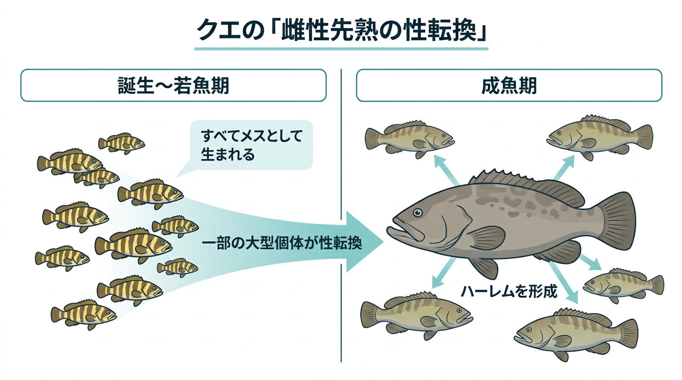 クエの性転換の仕組みを図解。全ての個体がメスとして生まれ、成長した大型個体だけがオスに転換する雌性先熟の生態を示している。